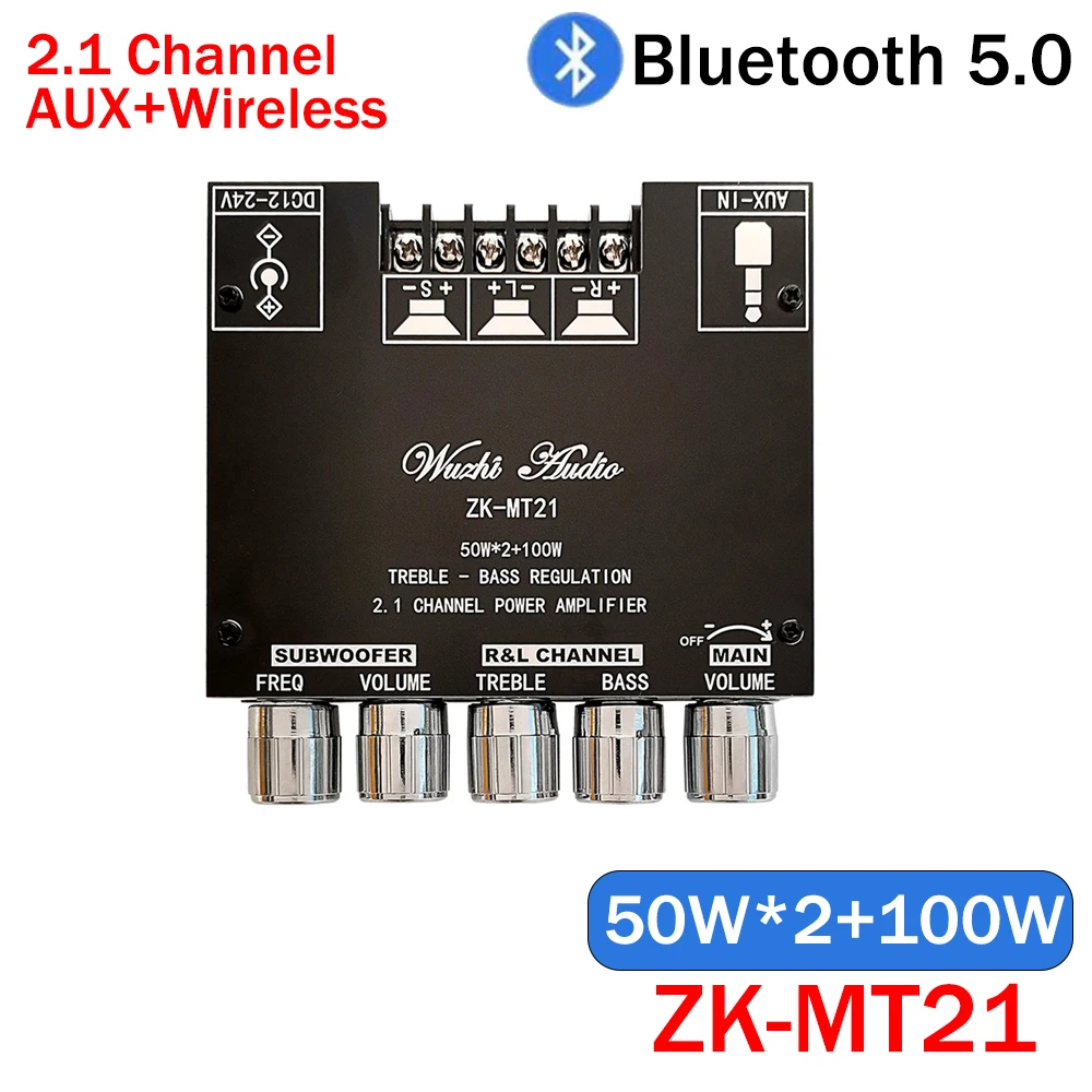 ZK-MT21 2x50W+100W 2.1 Channel Subwoofer Digital Power Amplifier Board AUX 12V 24V Audio Stereo Bluetooth 5.0 Bass Amp for Home