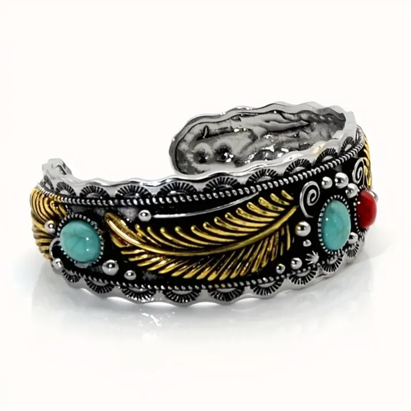 Brazalete de piedras preciosas de doble tono para mujeres y hombres, pulsera de hoja de estilo Navajo, diseño de pluma de punto turquesa pequeño