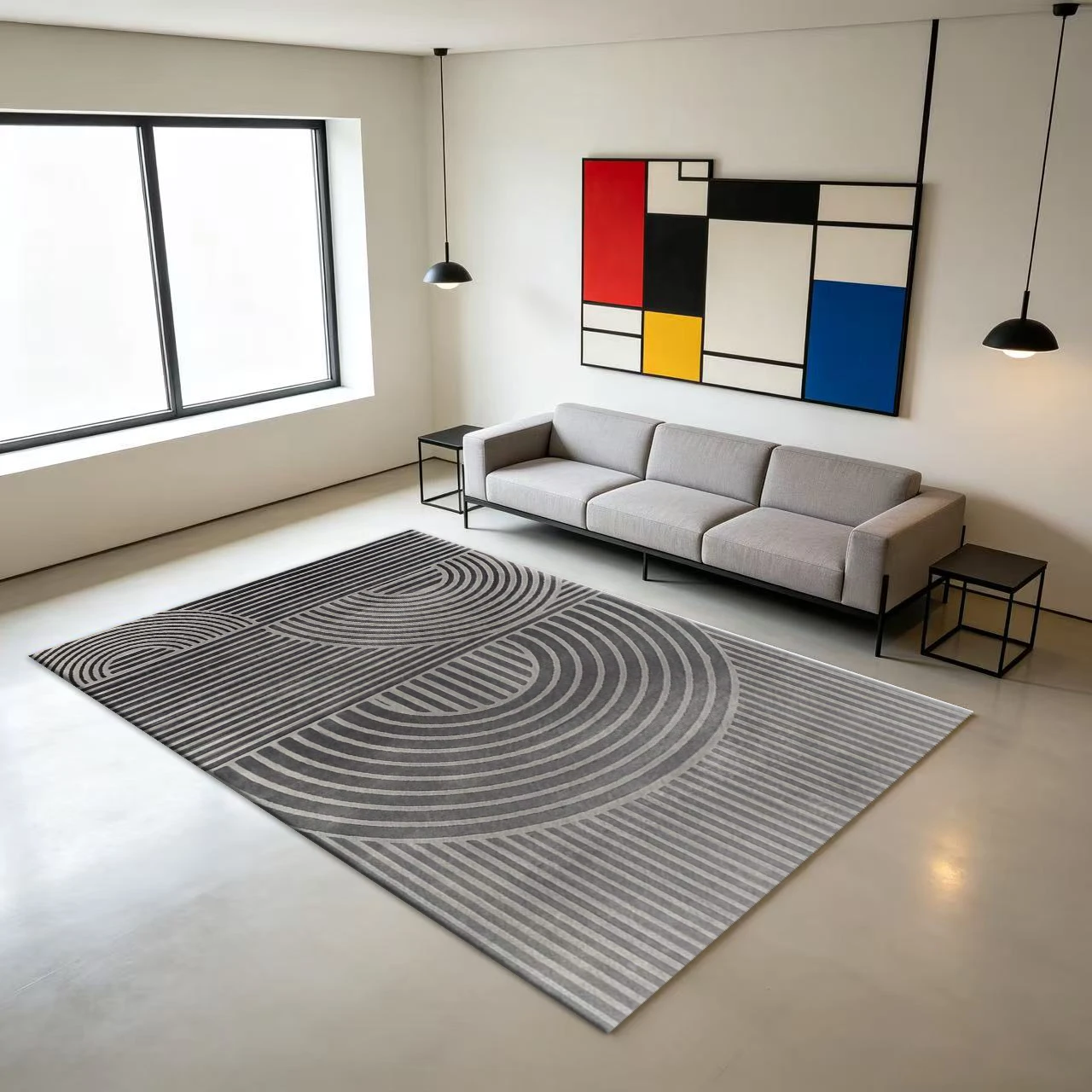 Dark Grey Mid-Century Curved Striped Carpet Flooring, Modern Art Deco Non-Slip Area Rug for Living Room Office Home Floor Mat