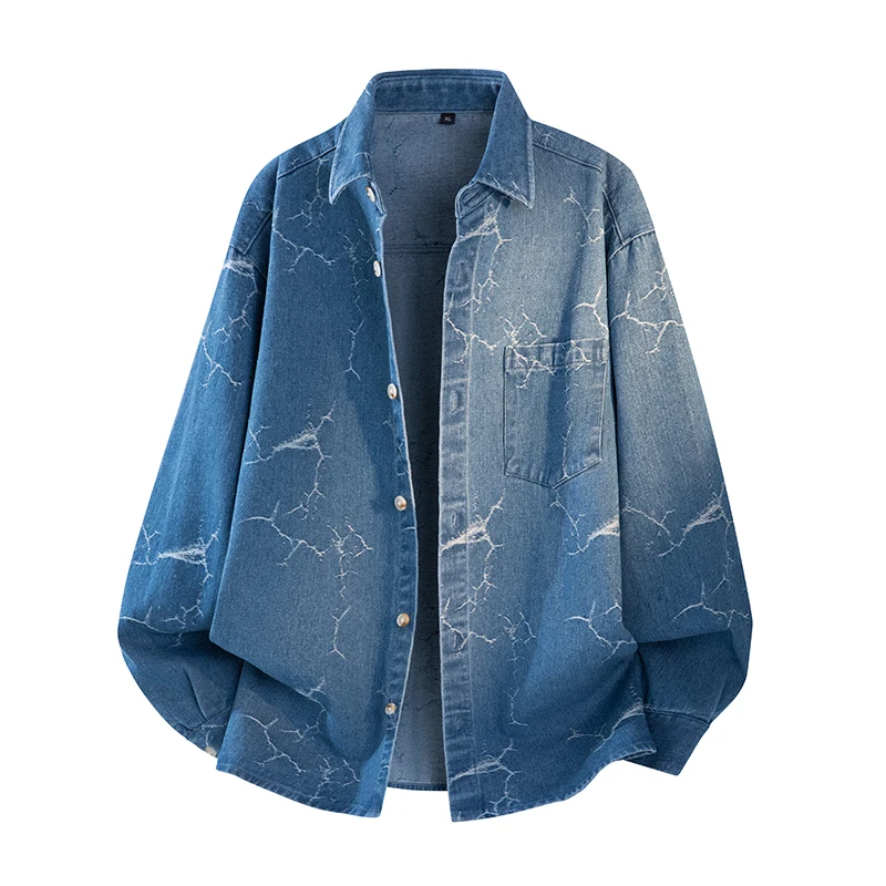 

Man Vintage Clothing Denim Shirt Lightning Pattern Pocket Designer Hipster 2026 Men's Long Sleeve Cardigans Cowboy Jeans Shirts