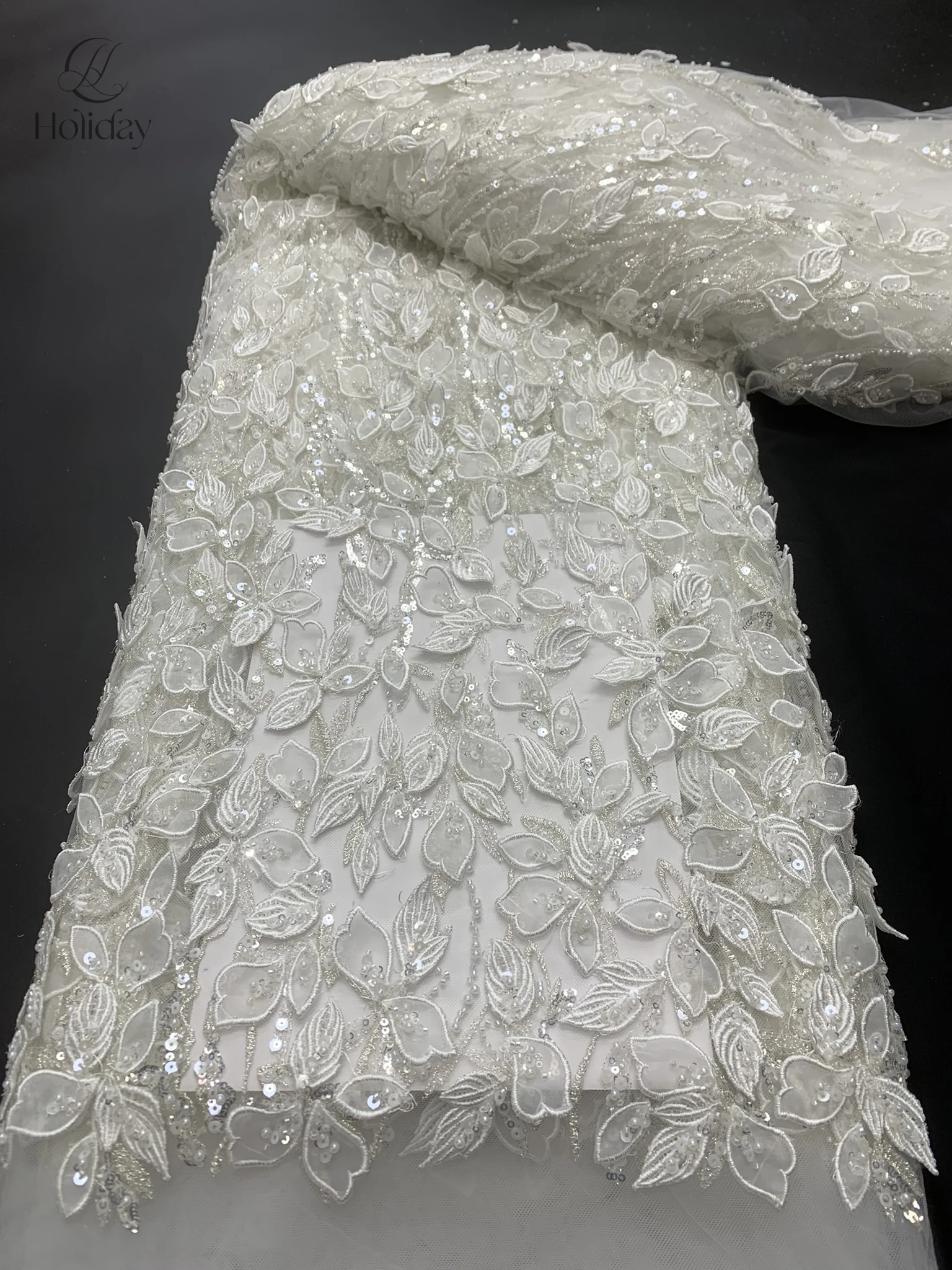 

5Y/piece Wedding Dress, 3D Flower Embroidered Lace, African Sequins, Beaded Lace, French, High Quality，white