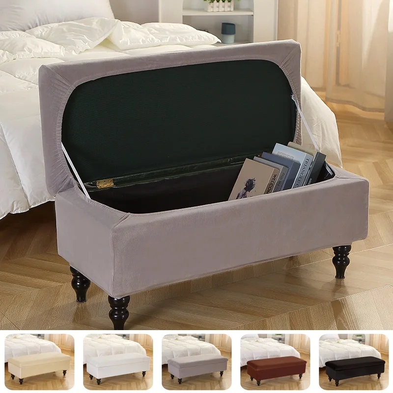 Solid Color Storage Stool Cover Elastic Velvet Bedside Ottoman Footrest Cover Rectangle Piano Seat Slipcover Furniture Protector