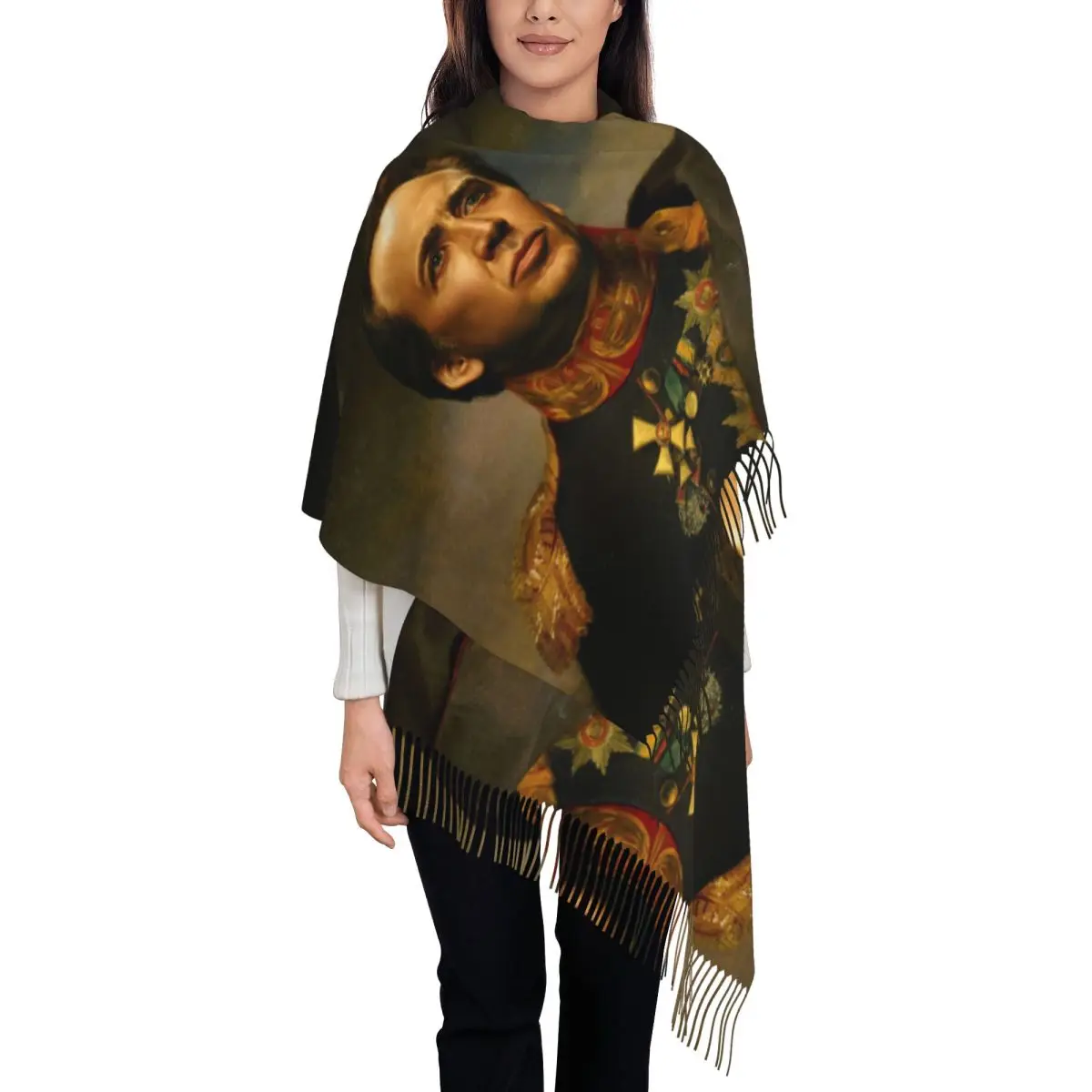 Neoclassical Style Portrait Nicolas Cage Print Scarf Fall Pashmina Shawl Wrap Meme Long Large Scarves with Tassel for Ladies