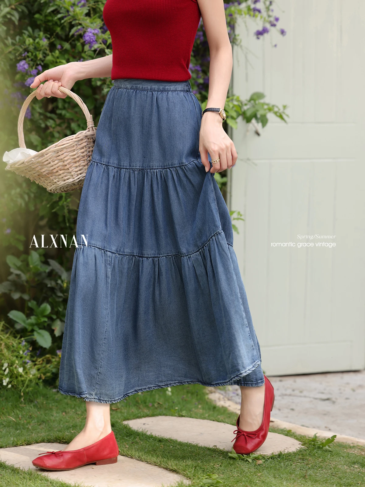 ALXNAN Women's Blue Denim Skirt Elegant High-waist A-line Lyocell Long Skirt 2025 Summer Casual Loose-fit Ladies Clothing L55770