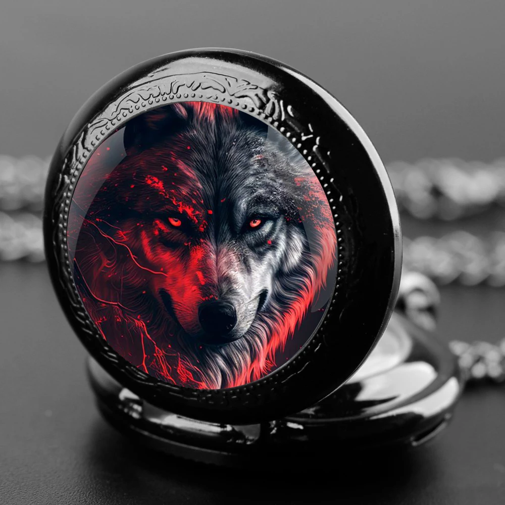 Delicate Gifts Quartz Pocket Watch Dark Wolf Design Glass Dome Necklace Pendant Clock for Mens Womens