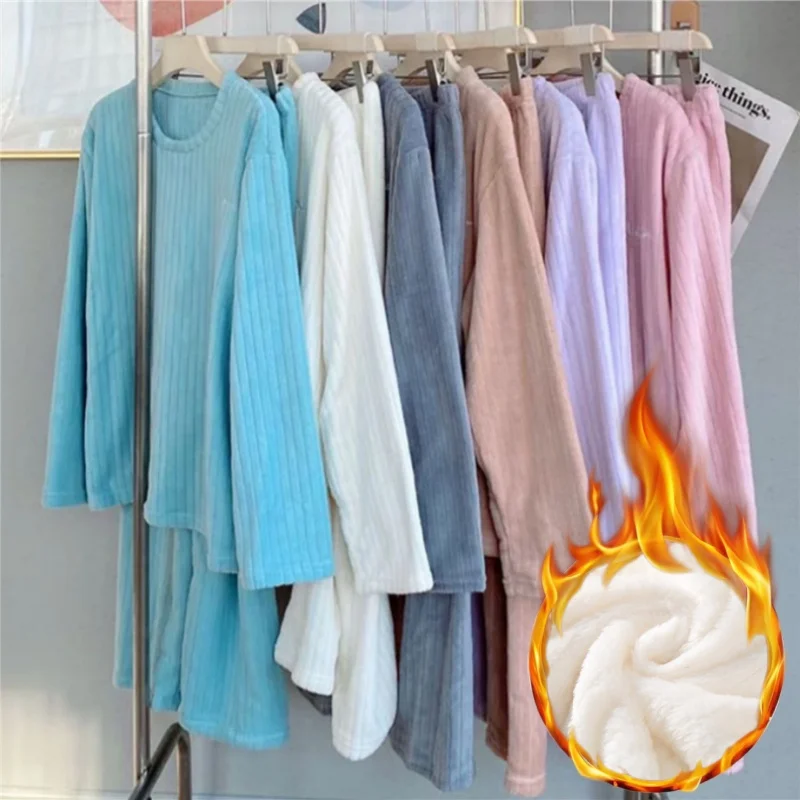 

Winter Women Pajamas Set Coral Fleece Thick Flannel Sleepwear Home Outfit Warm Loungewear Soft Comfortable House Dress