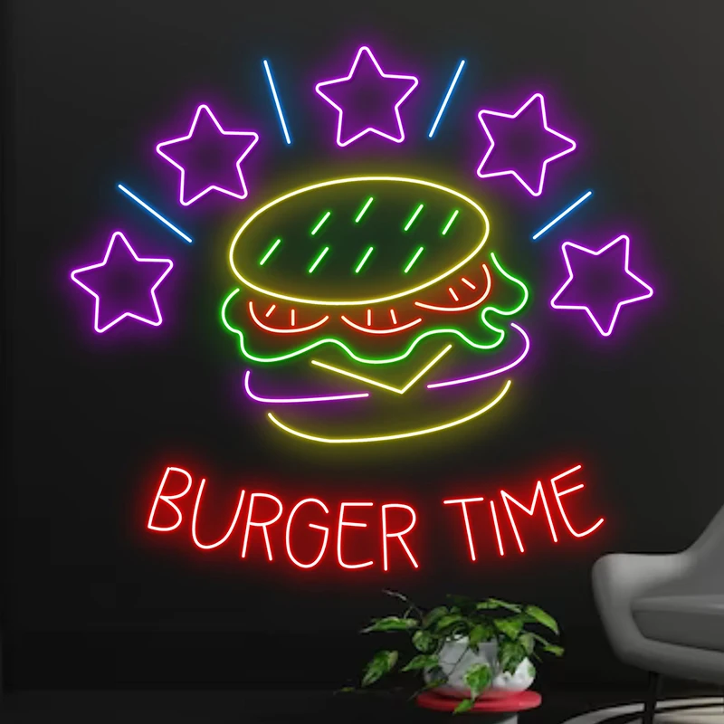 

Burger Time Neon Sign for Burgers Shop Fast Food Indoor Decor Led Neon Signs Restaurant Wall Art Custom Business Neon Light