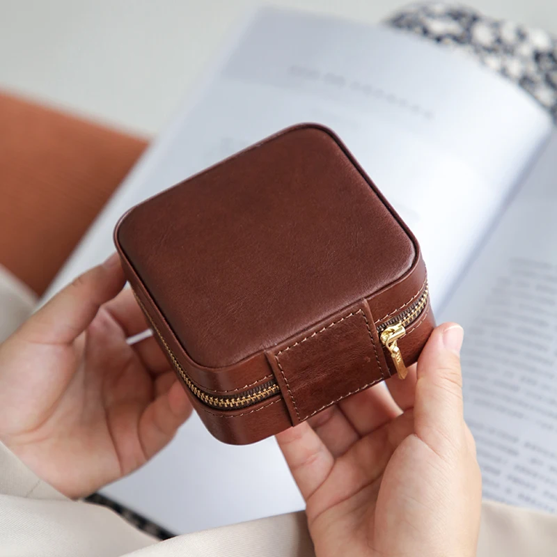 Fashion casual luxury genuine leather ladies small jewelry box Daily travel designer cow leather women ring earrings storage box