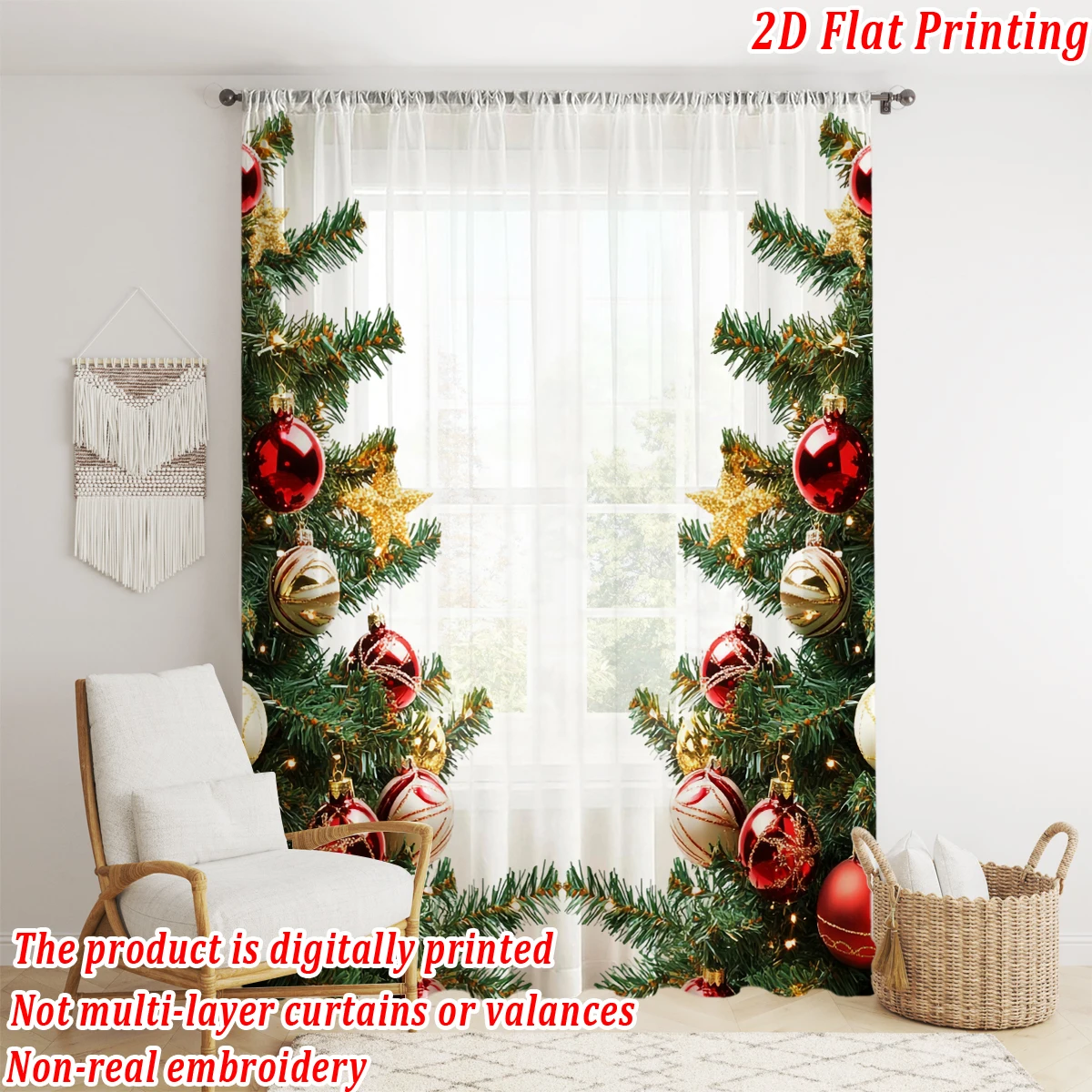 Christmas Flat Printing Sheer Curtain with Christmas Ball Star Pine Branch Ornament For Living Room Bedroom Decor Holiday Party