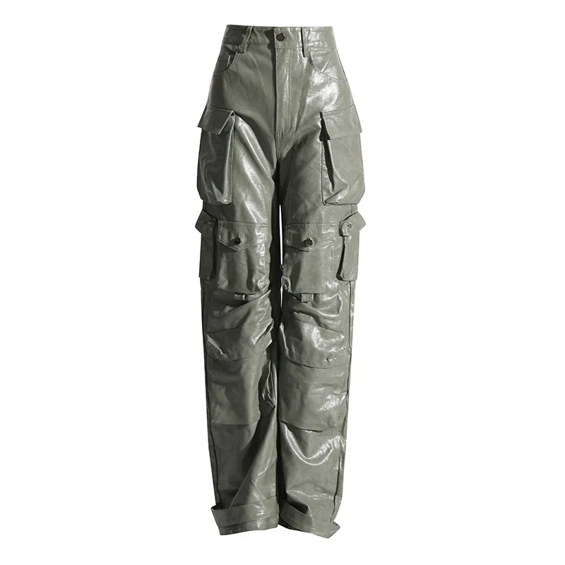 ZAMOR HIGH STREET Women Cross Border Unique Design Pants 2026 New Fashion Versatile High Waist Big Pocket PU Leather Straight Tr
