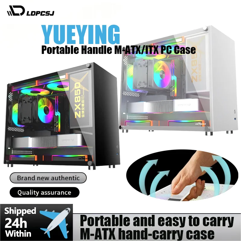LDPCSJ Yueying Portable Gaming PC Case M‑ATX ITX Desktop Chassis Tempered Glass Side Panel With Carry Handle USB 3.0 Interface Compact Computer Housing For Home Office Game Desktop PC Building Assembly