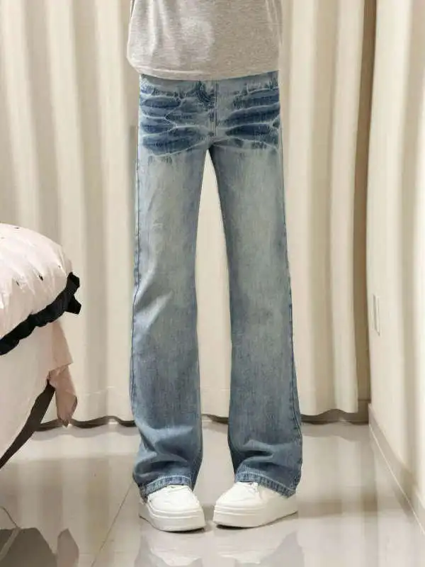 

Мужские джинсы с синим узором «Молния», весенние, прямые, слегка расклешенные, молодежные, трендовые, длинные брюки из тиацетата