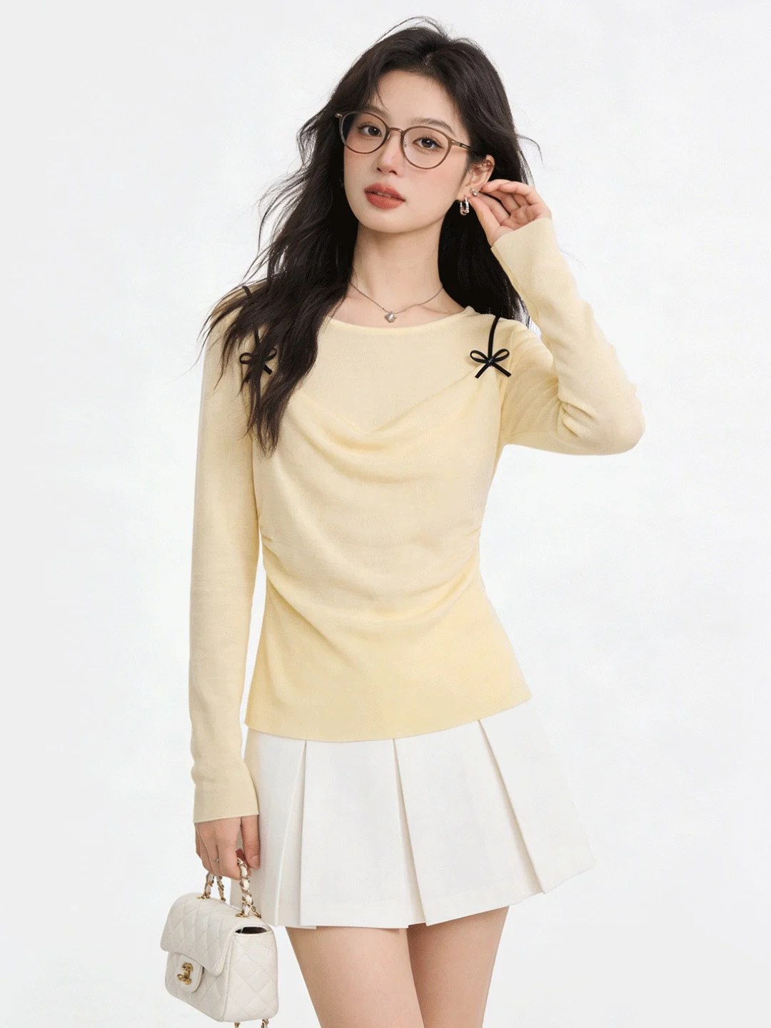 

Faionable Spliced ort Knitted T-irt Women's Casual Sle Soft Cr Yellow Spring Early Season Versatile Korean Gentle ...