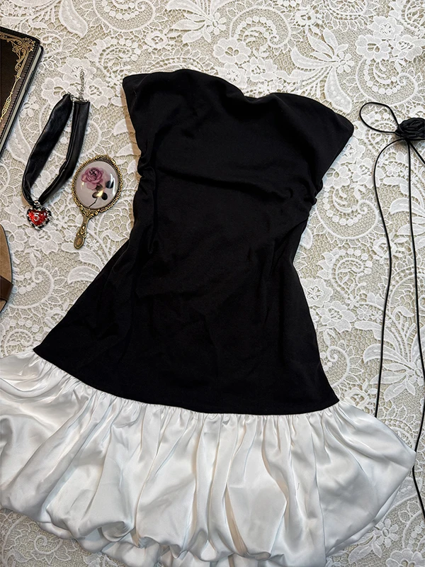 Vestido Tubo Preto Boho Original com Ombros Descidos para Mulheres, Saia Floral Vintage de Verão, Silhueta A-Line, Sem Mangas...