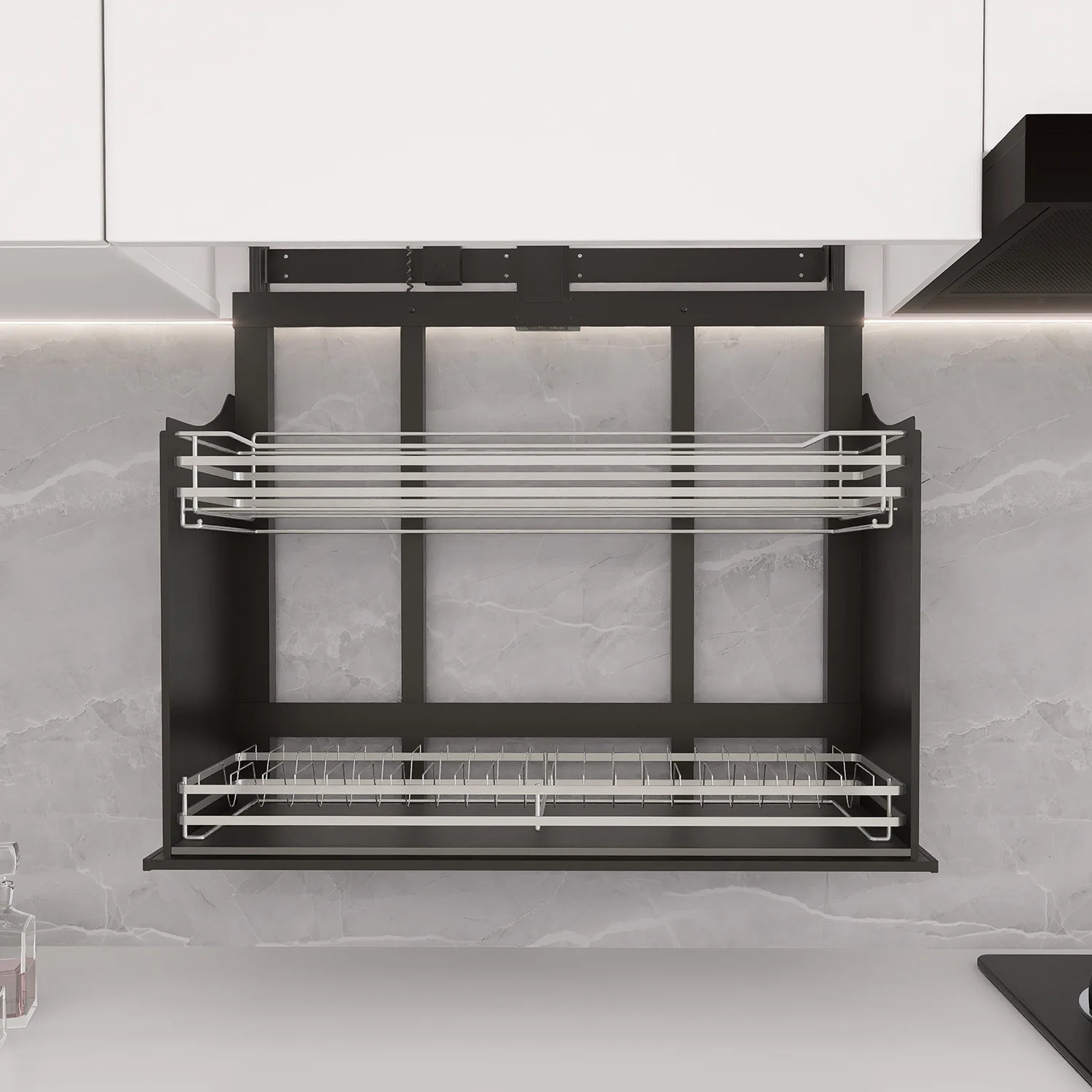 Multifunctional Electric Touch-Controlled Aluminum Alloy Tableware Storage Pull-Down Basket Lift Kitchen Storage Cabinet