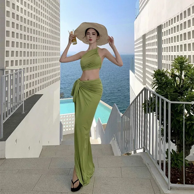 Vrouwen Zomer Tropicat Strand Vakantie Outfit Dame Skew Neck Bandage Split Rok Sets Vrouwelijke Feestdiner Banketten Reizen 2 stuks Pak