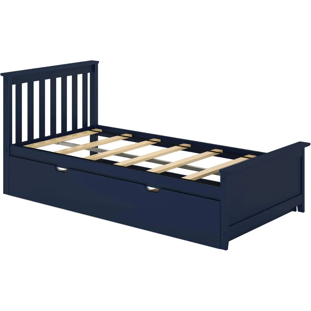 Cama de madeira com cabeceira para crianças, cama Twin, ralada, azul