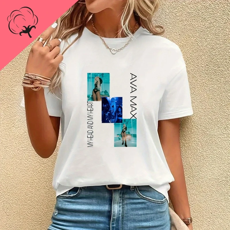 تي شيرت نسائي عصري مطبوع عليه ملصق Singer Ava Max، تي شيرت قطني كاجوال للربيع والصيف برقبة دائرية