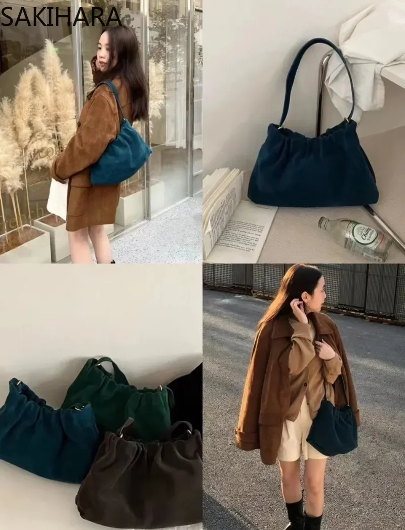 2023 New Arrive Pleated Solid Color Vintage Large Capacity Crossbody Bags for Women Kpop All Match Casual Purses and Handbags