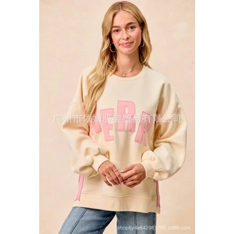 2025年冬 レディース クリスマス リボン刺繍 サイドスリット入り プルオーバー スウェットシャツ カジュアルで心地良い 長袖トップス ホリデー ストリートウェア向け