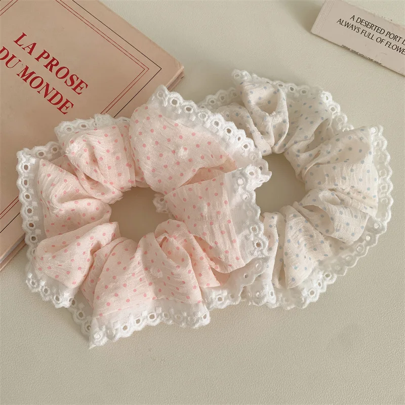 Cream Color Lace Polka Dot Scrunchies for Women Korean Style Ins Cute Hair Ties Bow Hair Accessories Gentle Sweet PonytailHolder