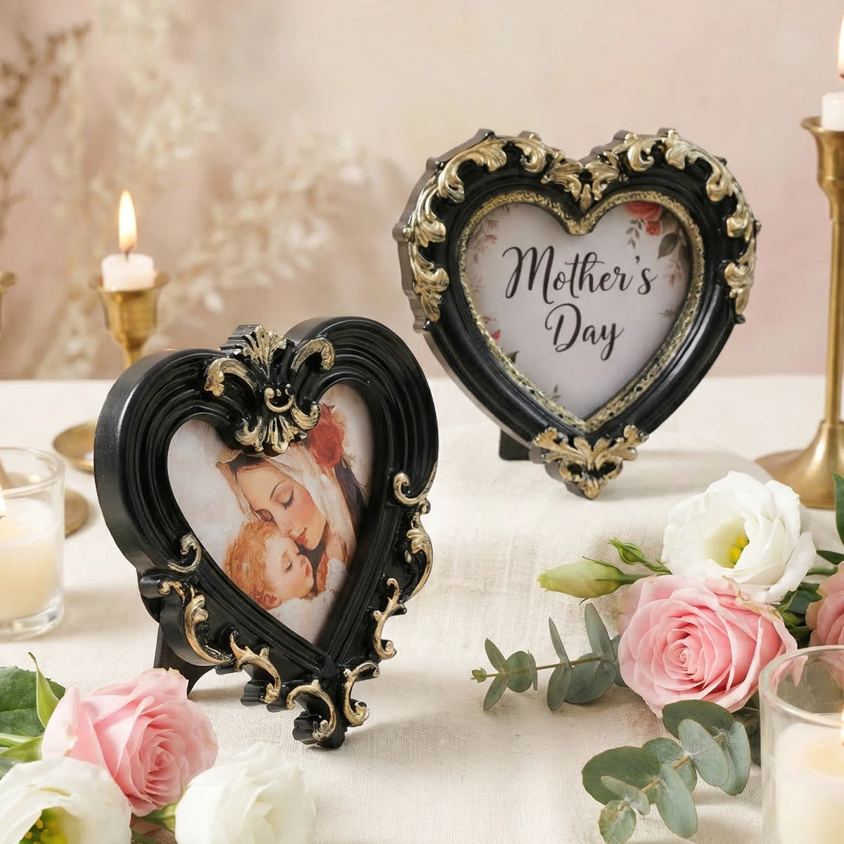 1PC, Mother's Day Resin Material Heart-shaped Decorative Frame with Black-Golden Three-Dimensional Pattern Design