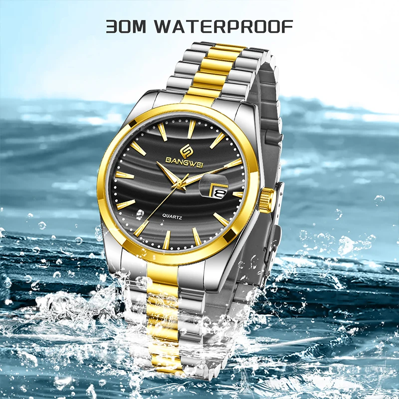 BANGWEI 2025 Gold Men Watch Stainless Steel Wrist Watch Calendar quartz wristwatch Luminous Watch for Men clock Montre Homme+BOX