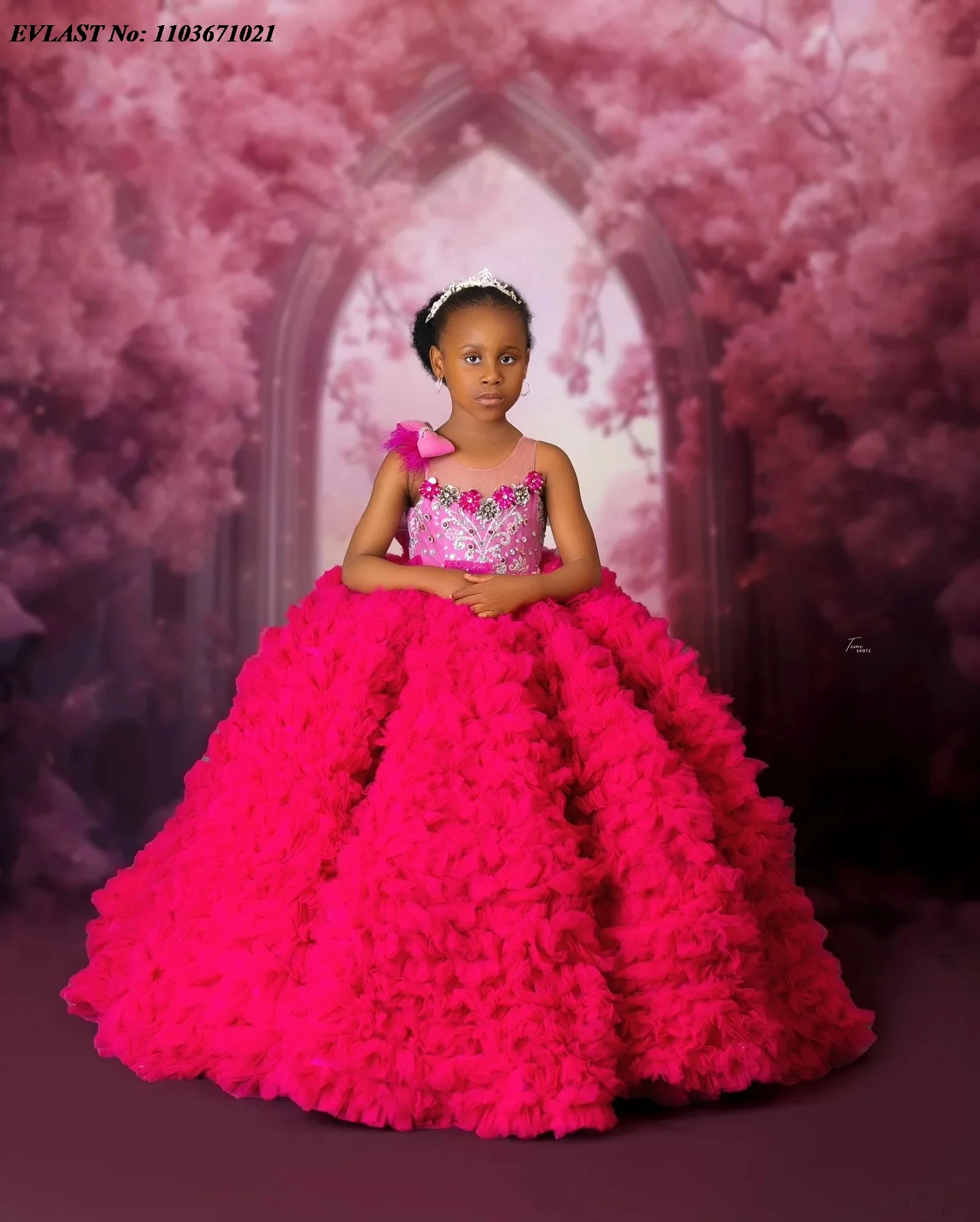 EVLAST Customized Pink Girls Birthday Party Dress Princess Beaded Flower Girl Dress Baby Kids Ball Gowns for PhotoShoot FD55