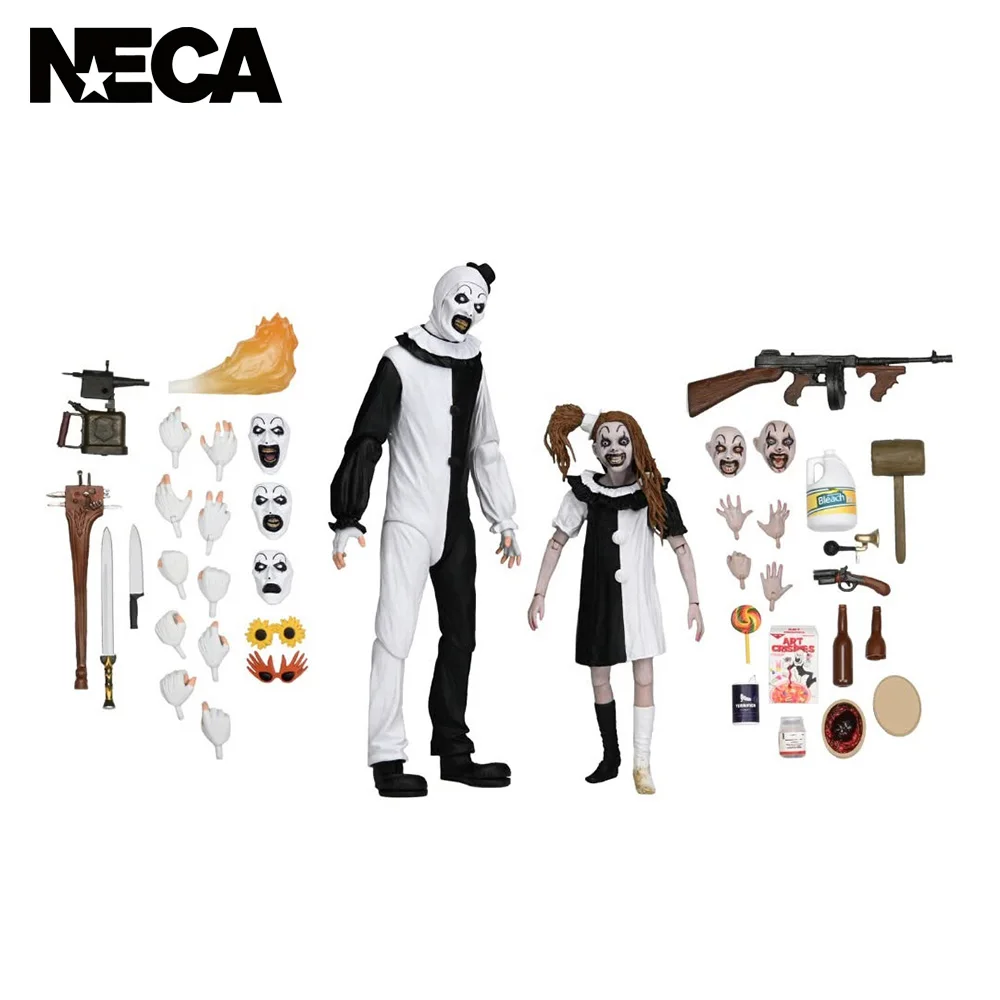 NECA Toys Terrifier 2: la figura de acción de 17,5 cm de The Ultimate Art, con los personajes de The Clown y The Little Pale Girl, modelo coleccionable, muñeca y kit para montar.