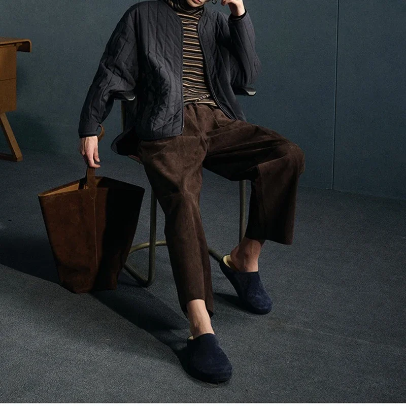 Retro 2025 Leather Ankle-Length Pants Women Elastic Waist Suede Sheepskin Wide Leg Length Straight Cylinder Trousers Black brown