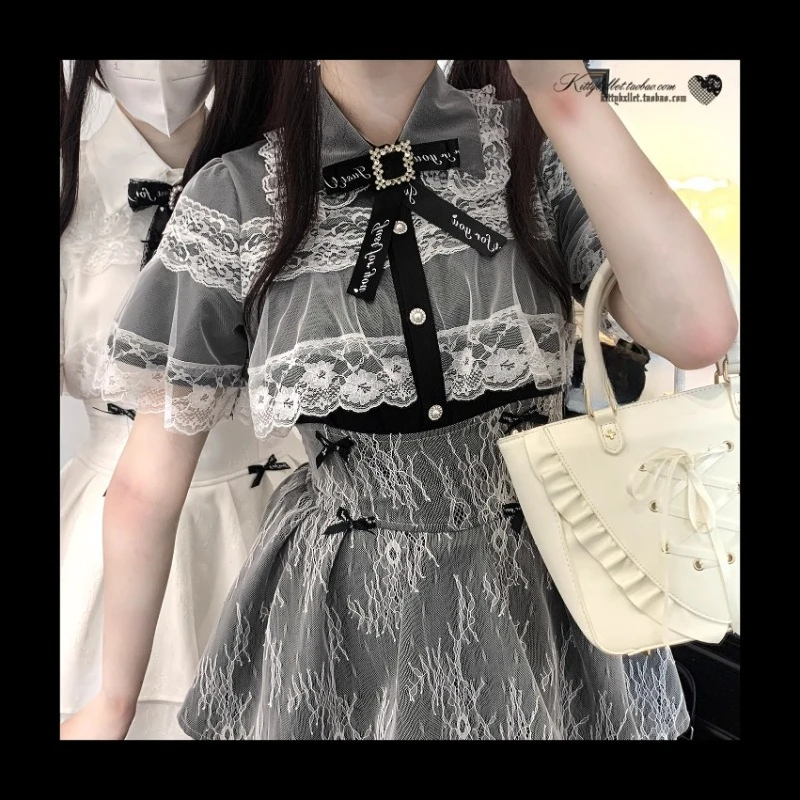 Japanese Original Rojita Single-breasted Shirt Mine Series Mass-produced Solid Color Lace Bucket Short-sleeved Blusas De Mujer