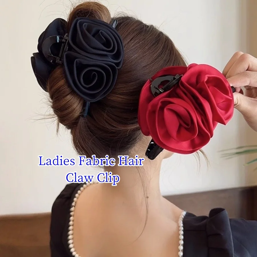 Hair Claw Handmade Fabric Stereoscopic Flowers Grab Hair Clip Sweet Shark Clip Rose Flower Hair Accessories for Women ﻿