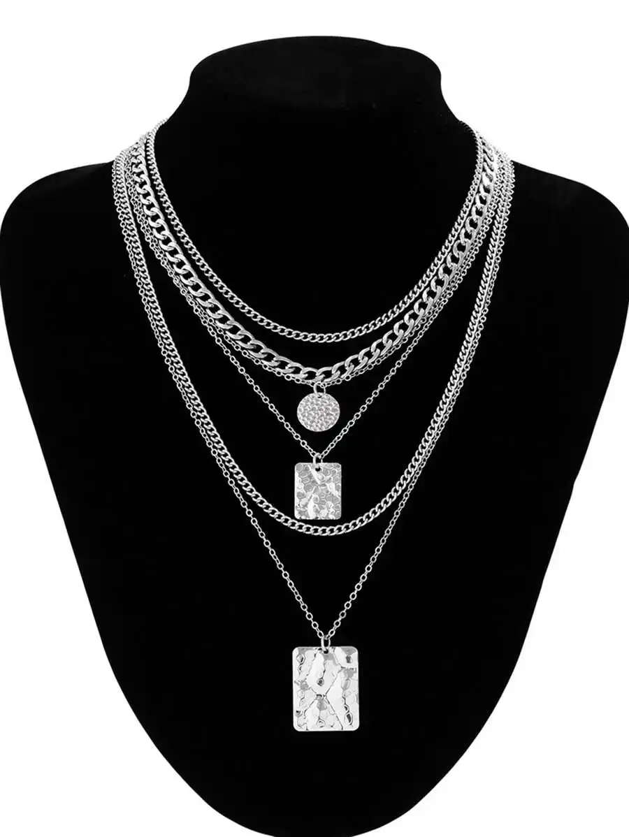 6pcs Women Zinc Alloy Layered Chain Necklace Set With Geometric Pendants