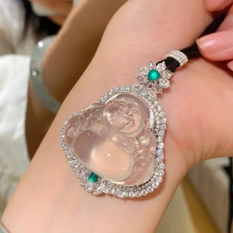 White Moonlight 925 Silver Plated Double Green Chalcedony Dashu Buddha Pendant Medium Necklace