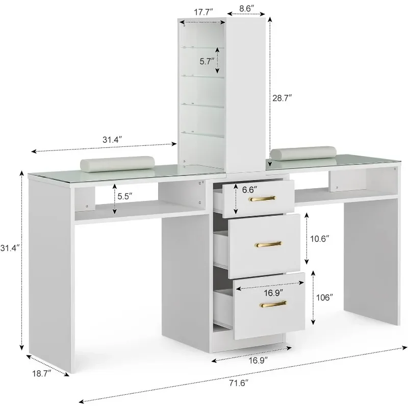 Double Manicure Table, Nail Desk for Tech w/Glass Top & Wrist Rest, Beauty Workstation w/3 Storage Drawers 8-Tiers Open Shelves