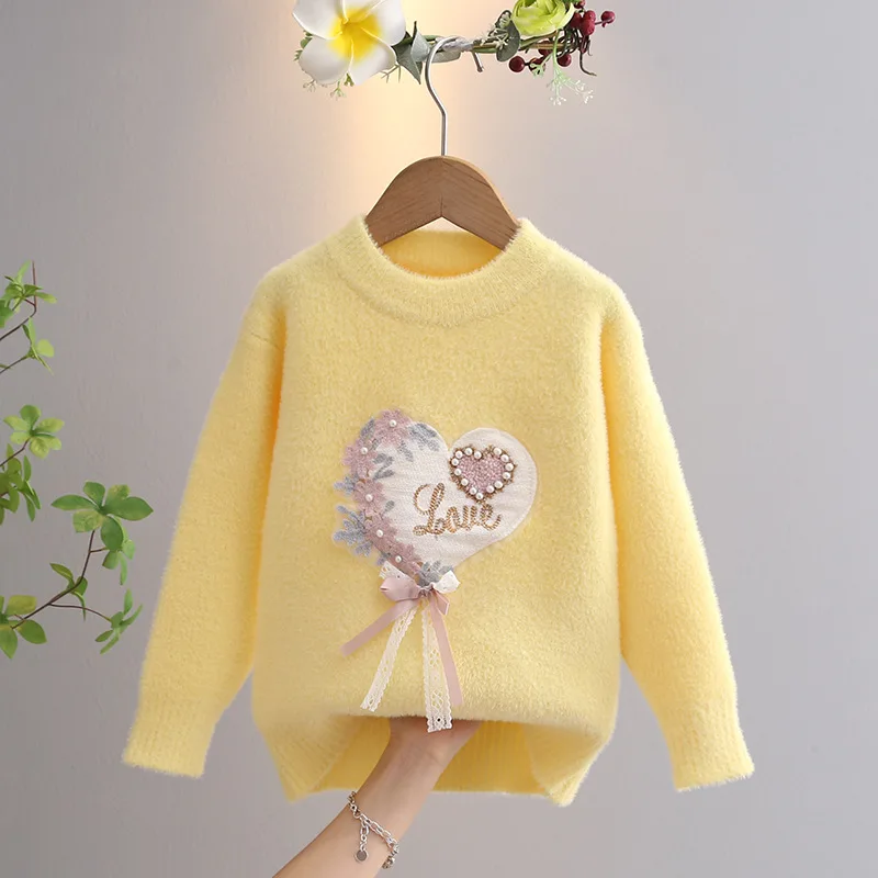 Korean Baby Girls Sweater Autumn Winter New Knitted Pullovers Love Ribbons Children Warm Bottoming Tops for Kids Girl GY08141