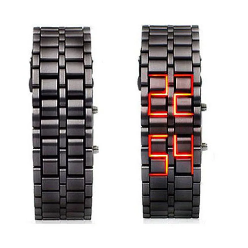 Men Lava LED Watch Black Metal Strap Faceless Digital Wrist Watch Red LED Light Display Retro Punk Bracelet Watch for Men Women