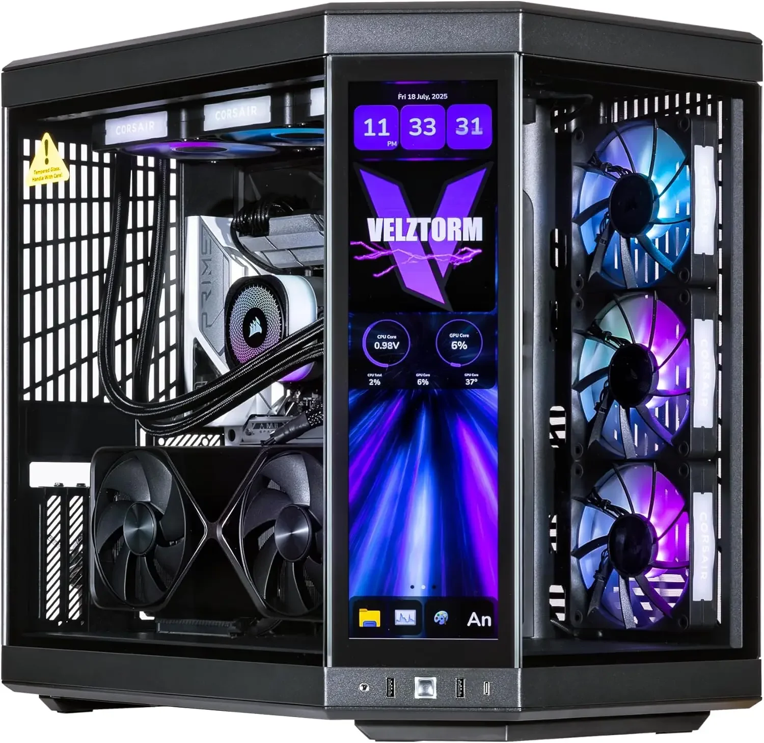 Velztorm LCD Black Praetix Custom Built Y70 Touch Gaming Desktop PC (GeForce RTX 5090 32GB 4090, Liquid Cooled Intel