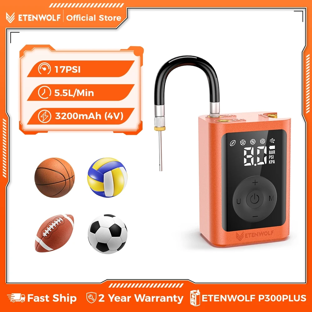 

Электрический насос для мячей ETENWOLF P300 Plus, накачка и дефляция, баскетбольный насос с аккумулятором 3200 мАч, воздушный насос для спортивных мячей