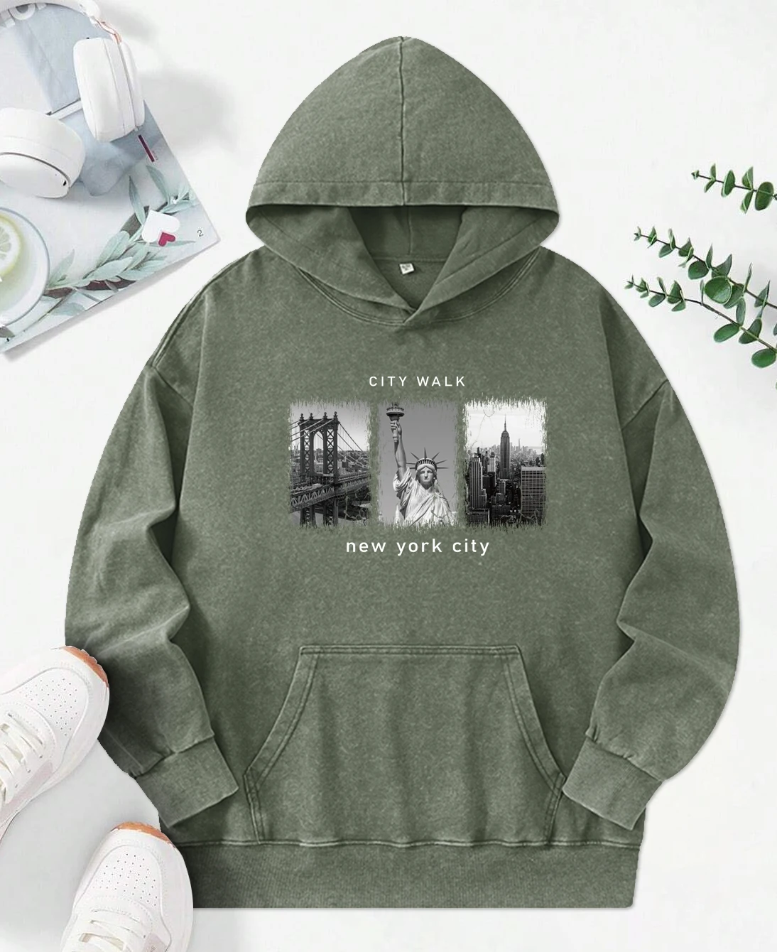 New York Beautiful Scenery  Print Washed Hoodie Creative Oversize Hoody Casual Cotton Clothing Autumn Fashion Streetwear Female