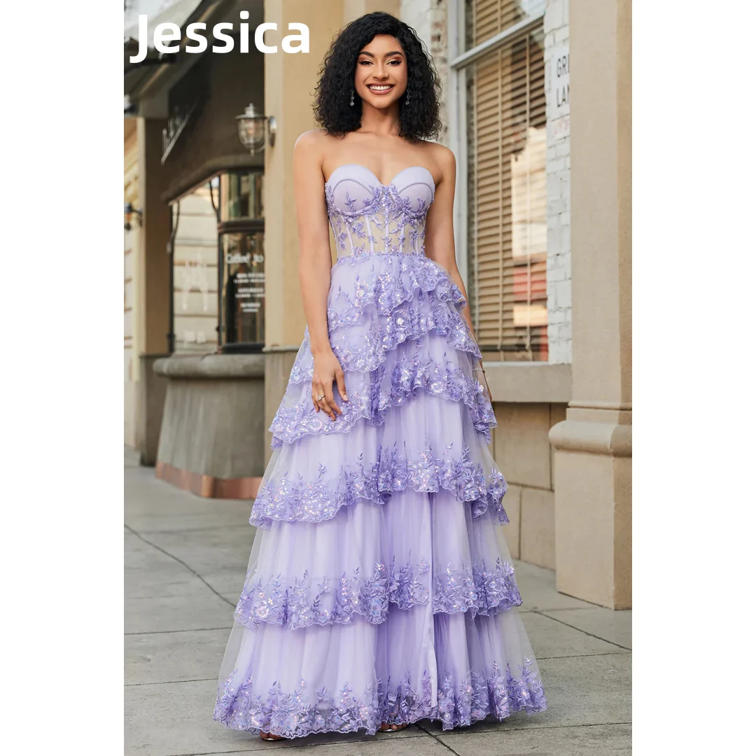 

Jessica Glitter Sequin Purple Prom Dresses Strapless Gauze Layered Evening Dresses Formal Occasions Party Dresses Wedding Dress