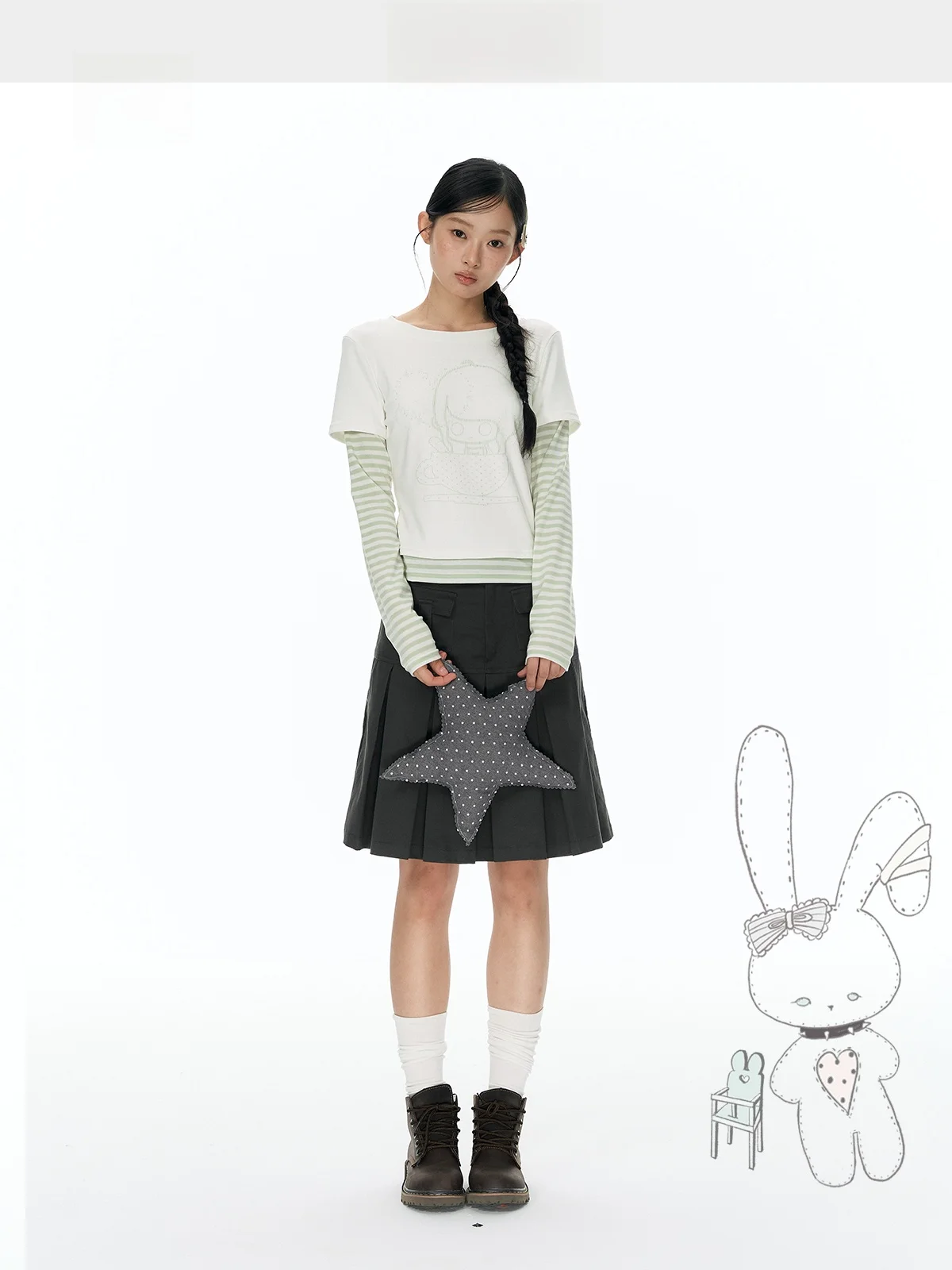 YUPH Original Shoulder Length Sleeve Print Soft Cute Pattern Green Stripes T-Shirt Korean Style Fake Two-Piece Women's Top