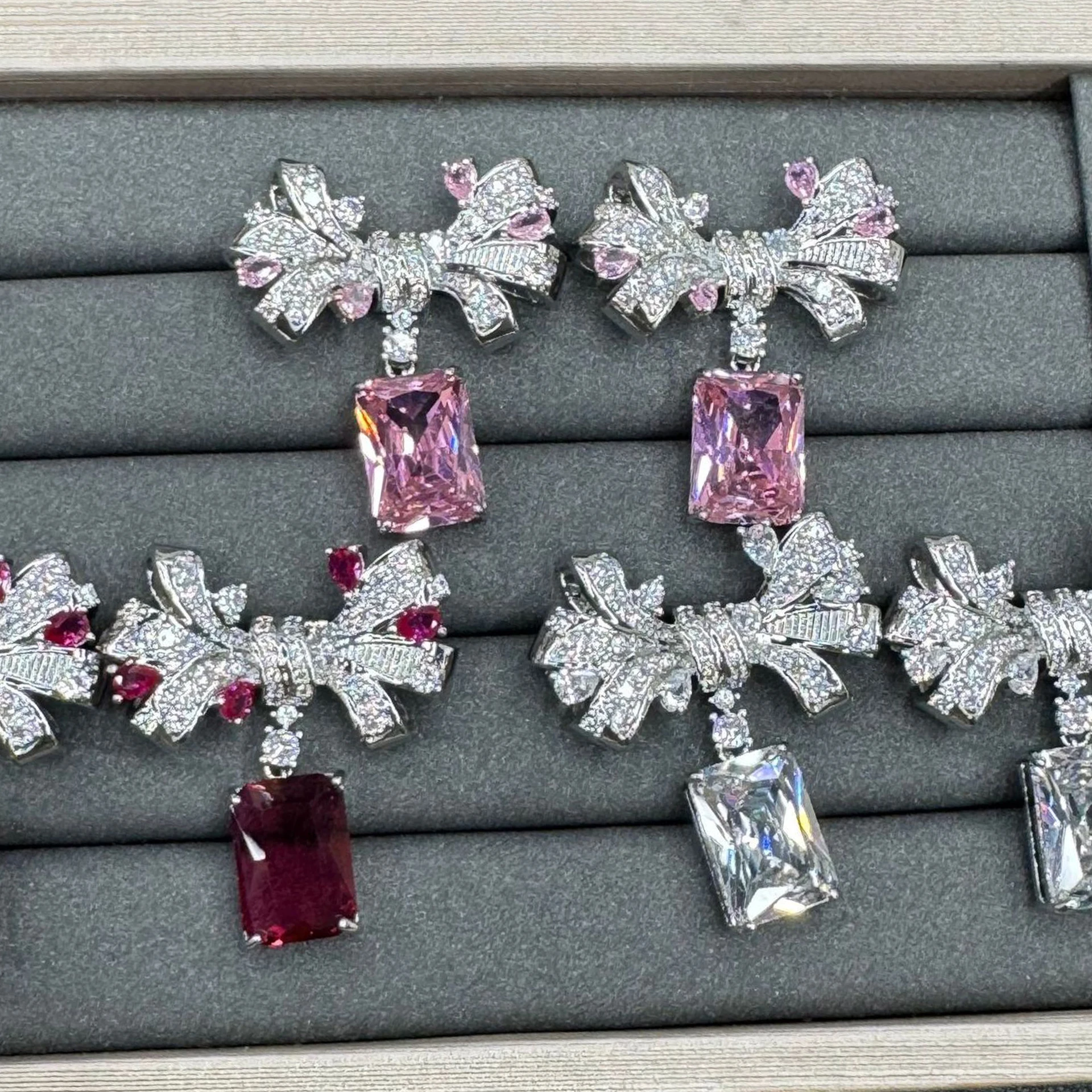 

cute shiny earrings bowknot silver color zirconia red pink white block drop earrings for women girls gift sweet jewelry party