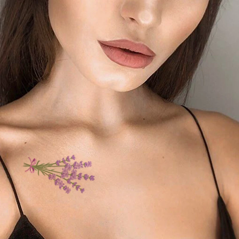 

Watercolor Flower Temporary Tattoos Lavender Bow Sticker Fake Waterproof Tattoo Decal for Women Body Art Legs Chest Neck Tatoos