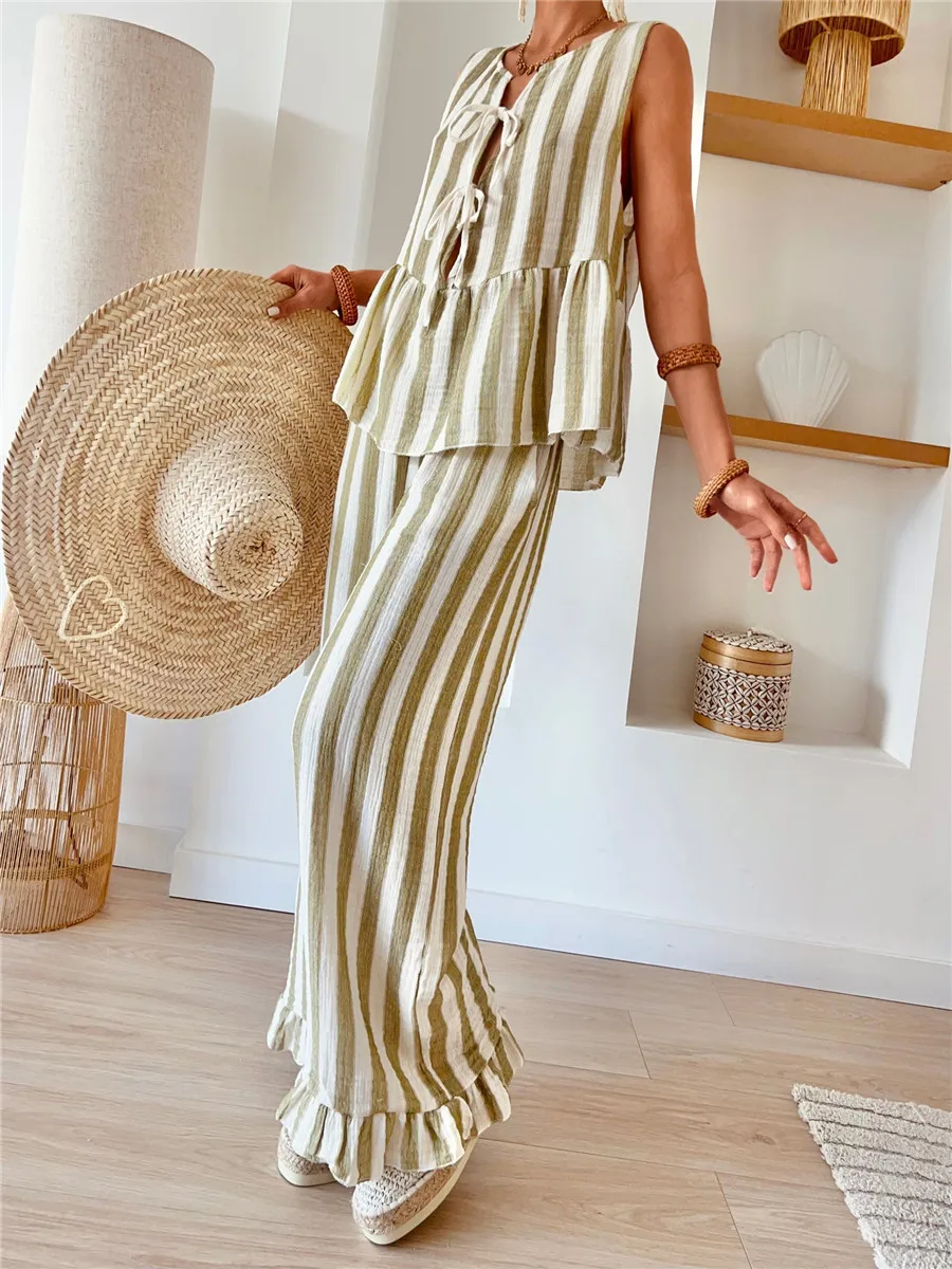 Striped Tie Waist Vest 2 Pieces Set Summer Casual Sleeveless Loose Tank Tops Elastic Waist Ruffles Hem Wide Leg Pants Outfits