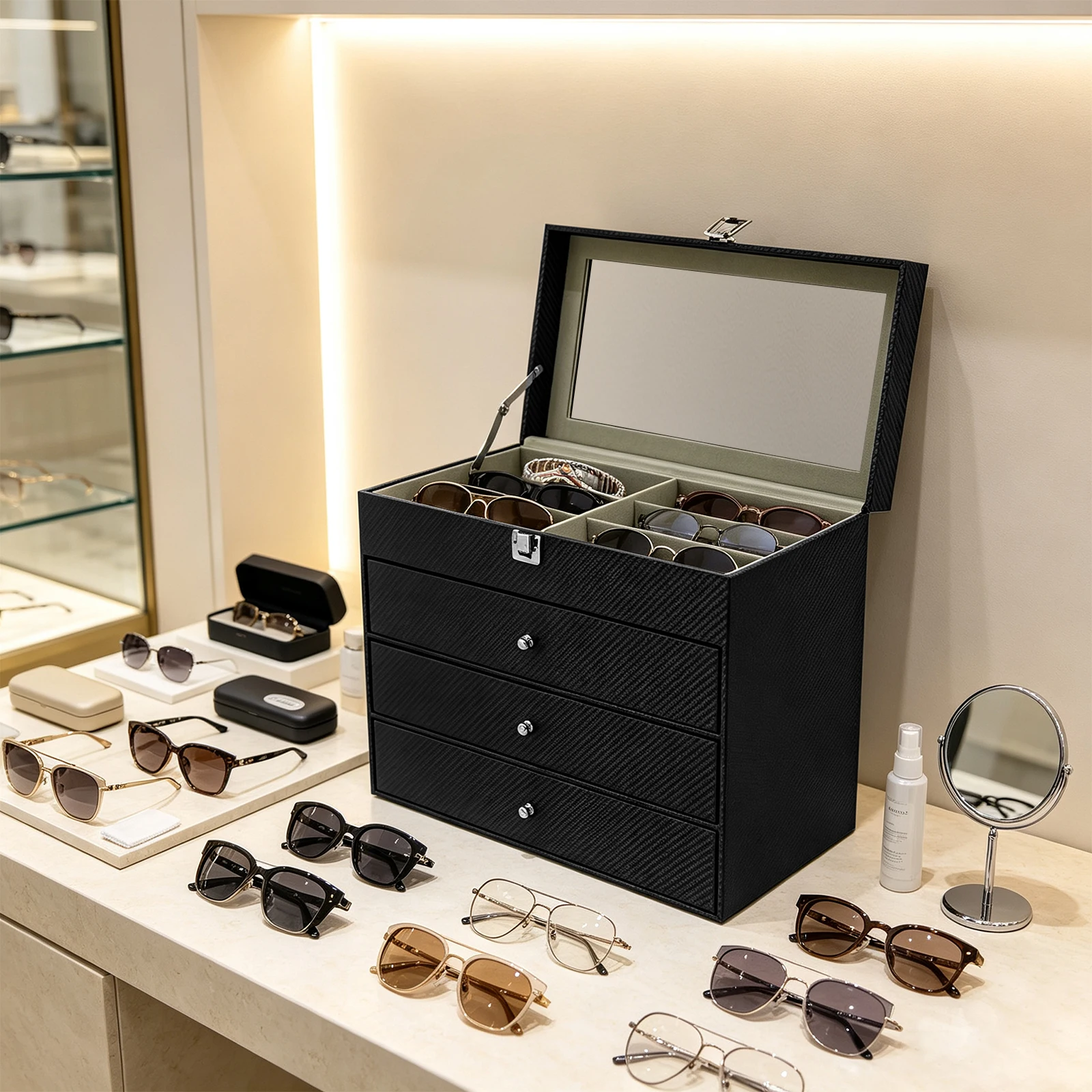 Glasses Display Box 4 Tier 24 Position Multi-purpose Glasses Storage Box Solid Metal Connection Wear-resistant Dust-proof Cover Practical Organizer For Eyewear Necklaces Bracelets Ideal For Household Daily Use Shop Counter Exhibition
