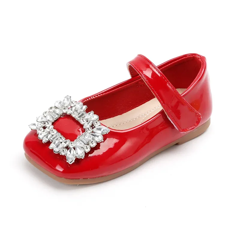Girls Leather Shoes Korean Style Rhinestones Princess Mary Jane Kids Fashion Flats Hook & Loop Simple Girls Spring Flats Elegant