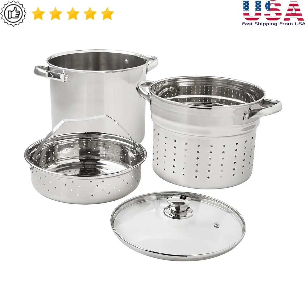 

4-Piece Stainless Steel Multi Cooker Set with Glass Lid Steamer Basket Colander Durable Induction Compatible Stay Cool Handles