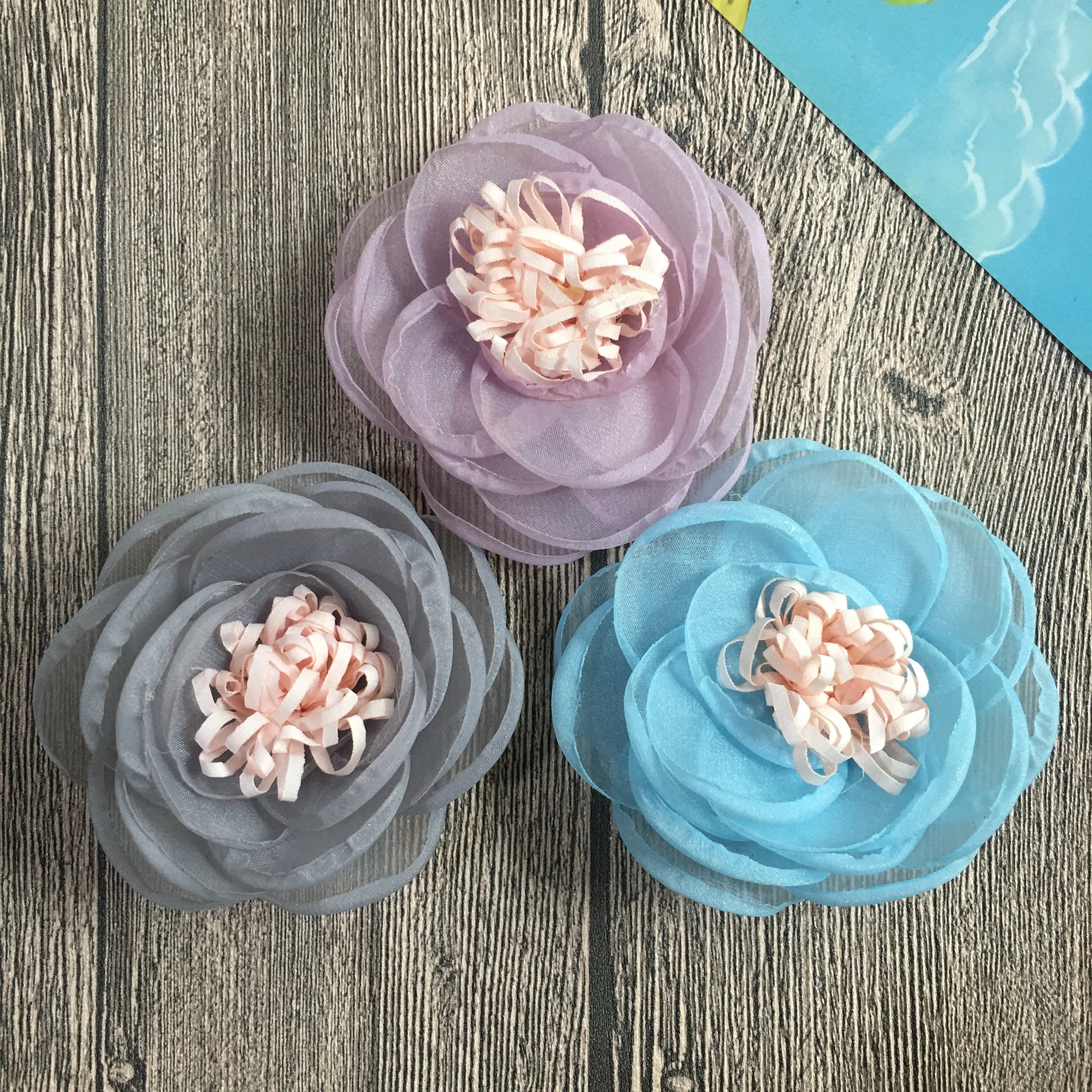 

2.8 Inch Baby Fabric Burned Flowers With Center Flat Back Children DIY Accessories Organza Rosette For Hats Shoes Garment