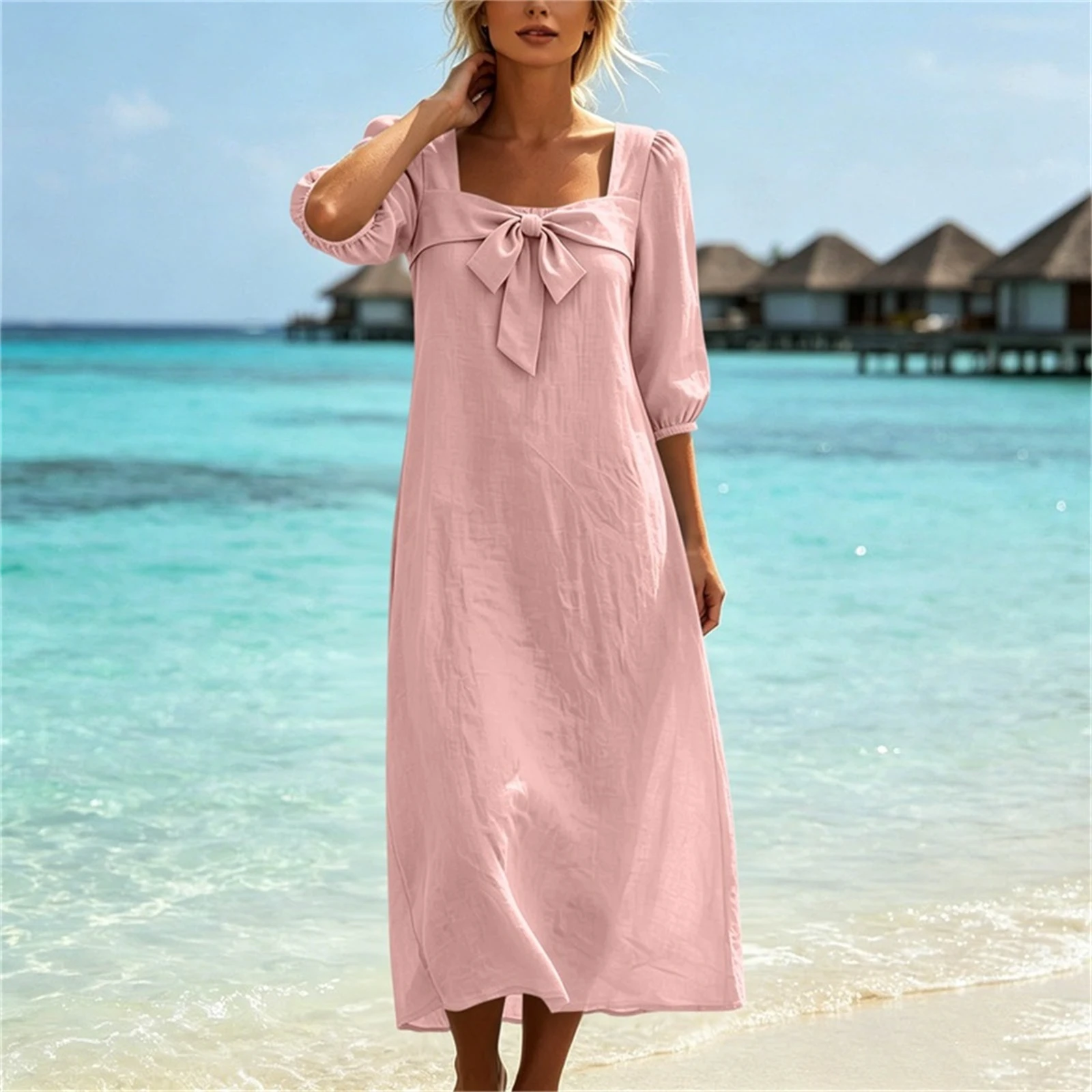 Summer Elegant Half Sleeve Square Neck Bow Design Beach Holiday Midi Dress Women Casual Loose Party Dresses Boho